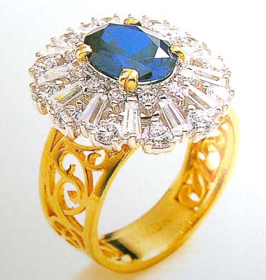   Promise jewelry China catalog online wholesale filigree gold ring with enlarge flower embedded deep blue and clear topaz     